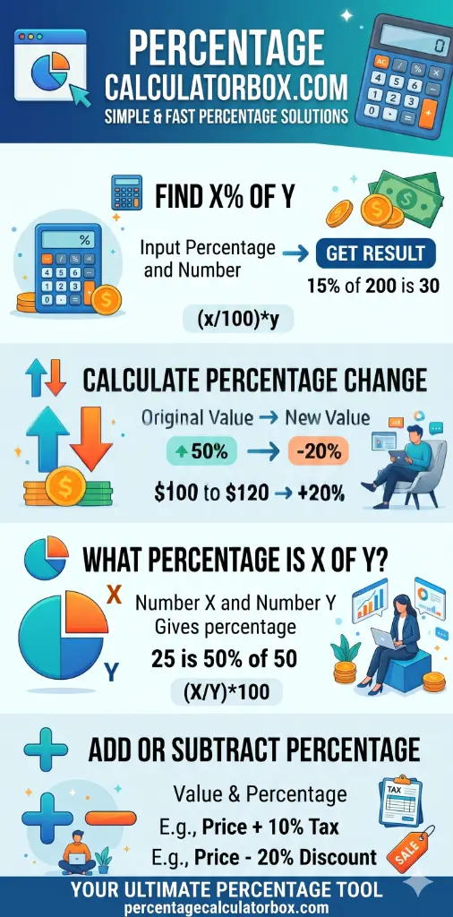 PercentageCalculatorBox.com Infographic - Ultimate cheat sheet and quick guide to calculate percentage, percentage change (increase/decrease), finding percentage of a value, and adding or subtracting percentages.